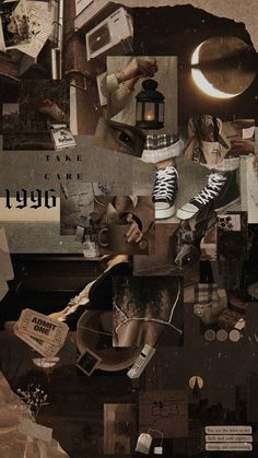 collage of various items including shoes and newspaper