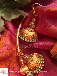 Raw peach silk thread jewellery   Jhumka. Perfect choice for a chanderi / kanchivaram / Banarasi / silk saree or a silk cotton saree. Call or whatsapp +919840009398 to place your order. International and domestic orders accepted. https://m.facebook.com/LotusArtsCreatives/