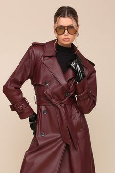 Faux-Ever Leather Strong Shoulder Long Maxi Red Brown Trench Coat - Shop trench coat by Avec Les Filles