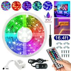 the color changing led strip light is shown with remote control and various accessories for lighting