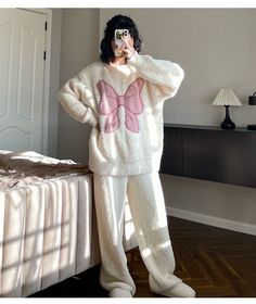 Women's Casual Lovely Bow Sweet Girl Warm Soft Sleepwear Loose Pajamas - Bow,XL Pajamas For Winter, Cute Pajamas Winter, Cute Pyjamas Winter, Nightsuits For Women, Pijamas Winter, Girly Pajamas, Fluffy Pajamas, Pyjama Aesthetic, Pajama Ideas