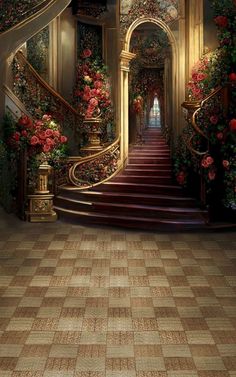 the stairs are decorated with red flowers and gold trimmings as well as an ornate chandelier