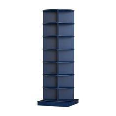 a tall blue shelf with shelves on each side