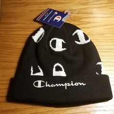 Champion Winter Hat Brand New Never Used Or Worn With Tags Retails For $3o.Oo Will Consider All Reasonable Offers White Letter Print Hats For Winter, White Winter Hats With Letter Print, White Letter Print Winter Hats, Casual Black Beanie With Letter Print, Black Winter Hat With Letter Print, Black Beanie With Letter Print For Winter, Black Cotton Winter Hat, Black Beanie Hat With Letter Print, Blue Bucket Hat