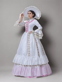 Step into a world of timeless elegance with our "Elegant White and Pink Medieval Dress – Rococo Ball Gown with Floral Embellishments and Lace Trim Plus Size." This exquisite gown captures the romantic essence of the Rococo period, featuring a delicate blend of soft pink and pristine white hues that evoke a sense of gentle sophistication. The dress is adorned with intricately designed floral embellishments that cascade gracefully across the bodice and skirt, adding a touch of botanical beauty. Th Traditional White Dress With Fitted Bodice, White Floor-length Dress For Costume Party, Regency Style Medieval Ball Gown, Victorian Floor-length Costume Dress, White Long Sleeve Gown For Costume Party, White Victorian Princess Dress For Costume Party, Medieval Wedding Dress With Fitted Bodice, Princess Style White Victorian Dress With Ruffles, White Princess Victorian Dress For Fancy Dress