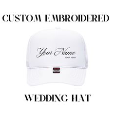 Look no further for the ULTIMATE dance floor prop at your wedding! Your guests are going to LOVE these custom embroidered trucker hats. These hats are OTTO five panel trucker hats with a foam front, mesh side, and adjustable back strap. These hats come in a wide variety of colors, so you can find the perfect fit for your wedding guest fun. For personalization, please enter the name you want on the hat (we will type the exact way you input your information, so please double check spelling and grammar) and the year you want, your hat color and your embroidery color! You will receive a markup before we send off to production! The hats will look exactly as pictured with no design variation except colors of hats & thread. Please note, thread colors have thousands of options so be as specific as Cheap Personalized White Snapback Hat, Fitted White Trucker Hat, White Fitted Trucker Hat, Wedding Snapback Trucker Hat, White Curved Bill Trucker Hat With Custom Logo, White Trucker Hat With Custom Logo And Curved Bill, White Trucker Hat With Custom Logo, Custom Embroidery Trucker Hat With Curved Bill, Customizable Cap Hats