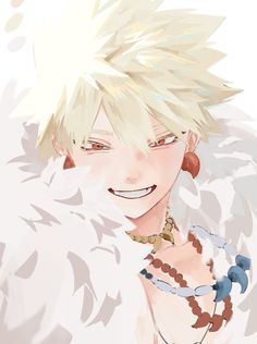 an anime character with blonde hair and necklaces on his chest, smiling at the camera