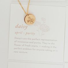 April Birth Flower - Daisy | Made By Mary Birth Flower Jewelry Collection Everyday Birth Flower Charm Necklace, Everyday Birth Flower Charm Necklaces, Dainty 14k Gold-filled Birth Flower Charm Necklace, Birth Flower Charm Necklace, Dainty Birth Flower Charm Necklaces For Everyday, Dainty Adjustable Birth Flower Charm Necklace, Adjustable Dainty Birth Flower Charm Necklace, Personalized Gold Bar Necklace, February Birth Flowers