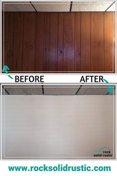 the before and after pictures of a wood paneled wall with white paint on it