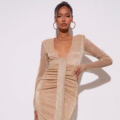 Gold Glitter Plisse Plunge Draped Midi Dress New With Tags Evening V-neck Glitter Mini Dress, Glitter V-neck Mini Dress For Cocktail, V-neck Glitter Mini Dress For Party Season, Gold V-neck Bodycon Dress For Party, Long Sleeve Shimmer Dresses For Prom, Fitted Glitter V-neck Dress, Glitter Long Sleeve Mini Dress For Prom, Long Sleeve Glitter Mini Dress For Prom, Evening Mini Dress With Shimmer And V-neck