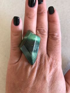 This is an adjustable ring made with epoxi resine, black and green mica. Each piece is unique, handmade fabrication. The resin itself is sealer and water proof but to increase the longevity of the ring band itself the ring should be removed before hand washing and should avoid contact with house hold cleaners. We strive for 100% customer satisfaction. If any problems are encountered upon receipt, please notify me for a quick and friendly resolution. Don't forget to make sure your Etsy address is Big Ring, Big Rings, Resin Ring, Bling Rings, Cute Bracelets, Ring Band, Water Proof, Adjustable Ring, Adjustable Rings