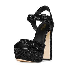 Handcrafted US sizing. Fits true to size. Heel Height: 6.3" / 160 mm approx Product measurements were taken using size 8. Please note that measurements may vary by size. Black Platform Sandals Glamorous Style, Glamorous Black Glitter Sandals, Black Closed Toe Glitter Heels, Black Glitter Closed Toe Heels, Sandals With Platform, Black Glitter Shoes, Killer Heels, Simple Silhouette, Block Heel Sandals