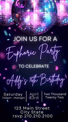 a party flyer with disco balls and confetti in the background for an event