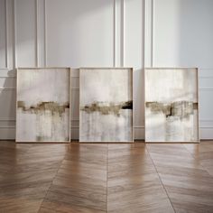 three abstract paintings on the wall next to each other in a room with wood flooring