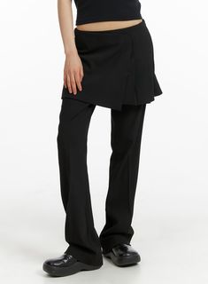 solid-skirt-layered-straight-leg-pants-cm412 / Black Black Pleated Bottoms For Workwear, Casual Fitted Full-length Pleated Skirt, Chic High Waist Fitted Pleated Skirt, Short Pleated Skirt For Office, Fall Black Bottoms With Pleated Waist, Elegant High Waist Bottoms With Pleated Hem, Elegant High-waist Bottoms With Pleated Hem, Spring Full Length Fitted Pleated Skirt, Fitted Bottoms With Pleated Waist, Short Length