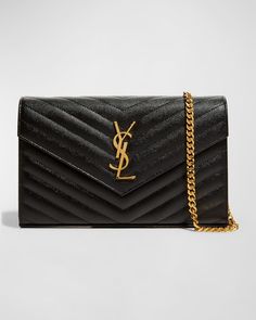 Saint Laurent YSL Monogram Large Wallet on Chain in Grained Leather Saint Laurent Bags, Quilted Wallet, Ysl Logo, Chevron Quilt, Wallet On Chain, Large Wallet, Saint Laurent Wallet, Saint Laurent Bag, Wallet Chain