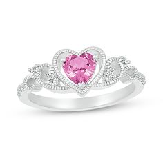 Who wouldn't love this darling lab-created gemstone heart ring? Sterling silver The ring features a 5.0mm heart-shaped pink lab-created sapphire center stone A milgrain detailed frame surrounds the heart Milgrain scrollwork dotted with white lab-created sapphires creates the ring's shank Pink Cubic Zirconia Heart Ring With Prong Setting, Heart Shaped Birthstone Ring For Valentine's Day, Heart Shaped Gemstone Rings For Mother's Day, Heart-shaped Gemstone Rings For Mother's Day, Pink Heart Cut Jewelry With Prong Setting, Pink Heart Ring In Cubic Zirconia, Fine Jewelry Style, Pink Cubic Zirconia Heart Ring Fine Jewelry, Heart-shaped White Gold Birthstone Ring For Valentine's Day, Heart Cut Solitaire Jewelry For Valentine's Day