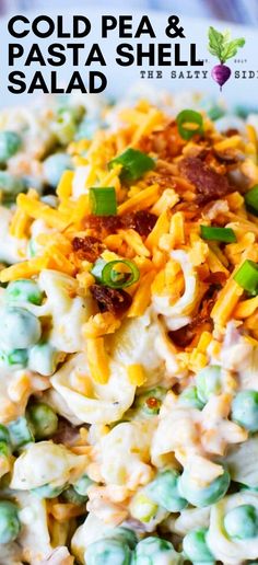 this pasta salad is loaded with peas and cheese