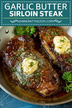 garlic butter sirloin steak in a skillet with parsley on the side