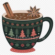 a cup of hot chocolate with cinnamon on top and christmas trees in the mug, hd png