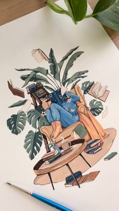 a drawing of a person sitting in a chair next to a potted plant on a table