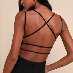 Beautiful, Never Worn. So Flattering Black Fitted Strappy Mini Dress, Black Mini Dress With Strappy Back For Party, Fitted Strappy Backless Dress For Night Out, Black Backless Tie Back Dress For Prom, Black Tie-back Backless Dress For Prom, Black Backless Dress With Tie Back For Formal Occasions, Fitted Black Backless Dress For Prom, Black Backless Formal Dress With Tie Back, Formal Black Backless Dress With Tie Back