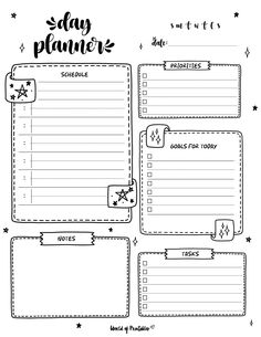 the printable daily planner is shown in black and white, with stars on it