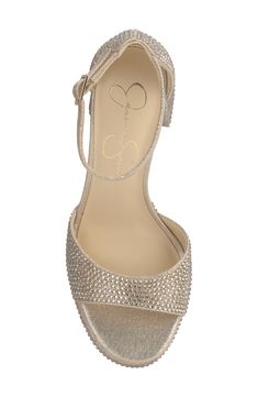 Tonal rhinestones add eye-catching glamour to a party-ready sandal lofted by a chunky platform and flared block heel. 3 1/2" heel; 1/2" platform Adjustable ankle strap with buckle closure Textile upper/synthetic lining/rubber sole Imported Glamorous Party Wedge Sandals With 4-inch Heel, Glamorous 4-inch Block Heels, Party Wedge Sandals With Padded Block Heel, Glamorous Heels With Heel Loop And Round Toe, Party Platform Wedge Sandals With Low Heel, Low Heel Platform Wedge Sandals For Party, Party Wedge Sandals With Heel Strap And Block Heel, Glamorous Evening Block Heels With Platform, Low Heel Platform Party Heels