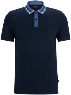 midnight blue/cornflower blue/white cotton jersey texture stripe trim logo patch to the side polo collar short front button fastening short sleeves straight hem Blue Polo T-shirt With Striped Collar, Navy Casual Polo Shirt With Striped Collar, Blue Summer Polo Shirt With Ribbed Collar, Summer Blue Polo Shirt With Ribbed Collar, Blue Polo Shirt With Ribbed Collar For Summer, Workwear Polo Shirt With Contrast Collar And Short Sleeves, Workwear Polo Shirt With Contrast Collar, Navy Short Sleeve Tops With Ribbed Collar, Navy Short Sleeve Top With Ribbed Collar