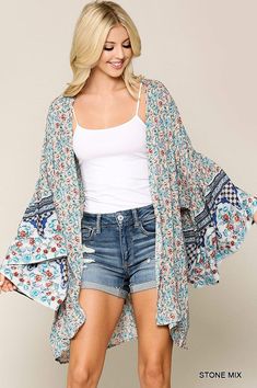 Floral Kimono Stone Mix floral placement ruffle sleeves kimono with high low hem 100% Rayon Model wearing small Floral Print Kimono, Print Kimonos, Floral Kimono, Kimono Jacket, Floral Ruffle, Dress Cover, Cover Up Dress, Wide Sleeves, Boho Floral