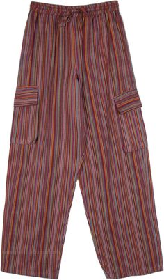 Brighten up your day with these fun and vibrant vertical stripes cotton pants! With their elastic drawstring waist, they are an easy pull-up style and are perfect to lounge around in.  These feature five pockets - two deep pockets on the sides with flaps to keep utility items. #tlb #SplitSkirtsPants #Peasant #Pocket #Yoga #Striped #bohemianfashion #CottonPantswithpockets #Unisexbohopants #Bohocargopants #Unisexpantswithpockets Loose Cotton Pants, Purple Clothing, Cotton Harem Pants, Bohemian Pants, Pants Boho, Unisex Pants, Hippie Pants, Hippie Look, Trendy Skirts