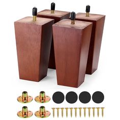 three wooden speaker stands with screws and nuts on each side, set of 3