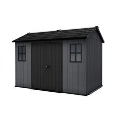 a black shed with the door open and windows on it's side, in front of a white background