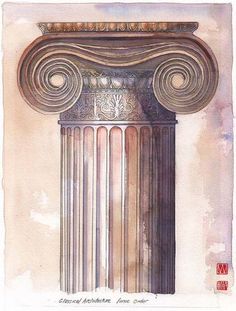 a watercolor painting of an ancient greek column with decorative carvings on the top and sides