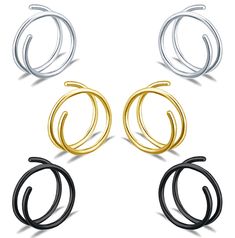 four pairs of gold, silver and black hoop earrings with circular design on white background