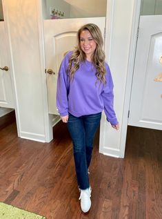 Stay cozy and stylish with the Fiby Sweatshirt. With its oversized fit and playful purple hue, this crewneck sweatshirt is perfect for adding a pop of color to your wardrobe. Made from a comfortable blend of 80% cotton and 20% polyester, it's the ultimate combination of fashion and comfort. Sizing: runs true to size; size chart included in the photos Trendy Purple Sweatshirt For Winter, Trendy Purple Winter Sweatshirt, Casual Purple Sweatshirt For Winter, Casual Purple Winter Sweatshirt, Purple Relaxed Fit Long Sleeve Sweater, Casual Heather Fleece Sweatshirt, Purple Fleece Crew Neck Sweatshirt, Oversized Purple Crew Neck Sweatshirt, Purple Relaxed Fit Sweatshirt