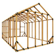 a wooden frame structure is shown with the roof trusss up and one side open