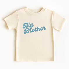 These adorable Big Brother shirts are the perfect way to celebrate the arrival of new sibling.  It is also the fun way to do a pregnancy reveal when there's an older sibling.  Comes in sizes from bodysuits up to adult sizing.   FIT:  These classic unisex jersey short sleeve tees (Bella Canvas) fit like a well-loved favorite. Soft cotton and quality print make for the perfect tee.  The shoulders are tapered for a better fit over time.  The baby bodysuits are made by Rabbit Skins and are also extr Personalized Cotton T-shirt For Gender Reveal, Cute T-shirt For Father's Day Gender Reveal, Cute Letter Print T-shirt For Gender Reveal, Funny Personalized Cotton Tops, Personalized Blue Short Sleeve Tops, Personalized Blue Cotton Tops, Cute Cotton Shirt For Gender Reveal, Personalized Crew Neck T-shirt For Gender Reveal, Cute T-shirt With Name Print For Gender Reveal