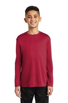 Port & Company ® Youth Long Sleeve Performance Tee PC380YLS - RED - S | Port & Company Youth Long Sleeve Performance Top in Red Size Small | Polyester Work Wear Women, Woven Dress, Uv Rays, Boy's Clothing, Womens Bottoms, Work Wear, Active Wear, Long Sleeve Shirts, Size Medium