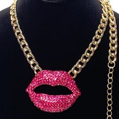 When You Just Need To Make A Statement!!! Thick Gold Colored Adjustable Chain Pink Jewelry With Gold Chain, Pink Beaded Chain Necklace As Gift, Pink Chain Necklace For Valentine's Day Gift, Rose Red Party Necklace, Trendy Pink Chain Necklace With Adjustable Chain, Trendy Pink Chain Necklace, Trendy Pink Jewelry With Chain Strap, Glamorous Pink Necklace For Party, Pink Jewelry With Adjustable Chain For Parties