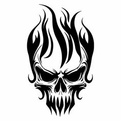 a black and white skull with flames on it