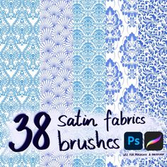 blue and white wallpaper with the words 28 satin fabrics brushes