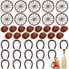 a set of wooden wheels and horseshoes next to a bottle