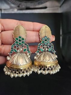 Jhumka earrings Around 3 inches Brass made Festive Dual-tone Danglers, Traditional Dual-tone Earrings For Diwali, Festive Bohemian Dual-tone Earrings, Festive Dual-tone Danglers For Celebration, Festive Dual-tone Drop Jhumkas, Traditional Dual-tone Earrings For Festivals, Traditional Dual-tone Festive Earrings, Festive Bollywood Dual-tone Earrings, Festive Dual-tone Temple Jewelry Danglers