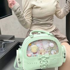 TAVIMART - Transparent Kawaii Cute Bow Shoulder Bags Luxury Design Y2k Fashion Ita Bag Casual Sweet Women Ins All Match Purses and Handbags Green Satchel Bag For School, Green Rectangular Shoulder Bag For School, Green Satchel Shoulder Bag For School, Green Portable Shoulder Bag Satchel, Green Portable Shoulder Satchel, Green Kawaii Backpack, Harajuku Style Handheld School Bag, Green School Satchel, Green Handheld School Bag