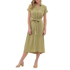 Introducing our August Sky Women's Solid Point Collar Button Up Shirt Midi Dress, where sophistication meets versatility. Featuring a classic point collar and button-up closure with a back yoke, it exudes timeless elegance. Two front patch pockets add functionality and style, while loops with a self-tie belt cinch the waistline for a flattering silhouette. Crafted from fabric with a gauze-like texture, this dress offers a unique tactile experience. Though not lined and lacking stretch, its struc Spring Collared Shirt Dress With Buttoned Pockets, Solid Color Short Sleeve Shirt Dress With Button Closure, Solid Shirt Dress With Placket For Work, Spring Solid Dress With Placket, Spring Dresses With Placket, Spring Collared Shirt Dress With Buttons, Spring Shirt Dress With Collared Neckline, Classic Spring Shirt Dress With Collared Neckline, Spring Button-up Shirt Dress For Business Casual