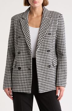 A houndstooth print adds polished prep to this double breasted peacoat perfect for a day at the office. 29" length (size Small) Double-breasted button closure Notched lapels Long sleeves Lined 100% polyester Machine wash, tumble dry Imported Classic Double-breasted Houndstooth Blazer, Double-breasted Houndstooth Outerwear For Business, Double-breasted Houndstooth Outerwear For Office, Classic Double-breasted Houndstooth Outerwear, Double-breasted Houndstooth Blazer For Business Casual, Tailored Double-breasted Houndstooth Outerwear, Winter Houndstooth Double-breasted Blazer, Double-breasted Houndstooth Blazer, Double-breasted Houndstooth Blazer For Office