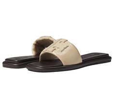 Tory Burch Double T Sport Slide - Women's Shoes : Seaside Sand/Seaside Sand/John Coco : Slip right into style and comfort with Tory Burch Double T Sport Slides! Upper, lining, and insole made of leather material. Slip-on construction. Iconic Tory Burch double T logo on vamp. Open snip-toe silhouette. Man-made outsole. Imported. Measurements: Weight: 7 oz Product measurements were taken using size 9, width M. Please note that measurements may vary by size. Weight of footwear is based on a single Classic Tan Leather Sandals, Casual Tan Sandals With Leather Sole, Casual Tan Sandals With Leather Lining, Tan Leather Casual Sandals, T Logo, Slides Women, Leather Material, Product Reviews, Women's Shoes