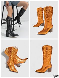 Bjux - High-Quality Embroidered Boots with Thick Heels Fall Embroidered Round Toe Heeled Boots, Embroidered Heeled Boots With Round Toe For Fall, Embroidered Round Toe Heeled Boots For Fall, Embroidered Summer Party Boots, Embroidered Pointed Toe Boots For Fall, Fall Embroidered High Heel Boots, Gold Pointed Toe Summer Boots, Western Style Boots, Handcrafted Boots