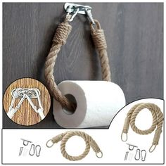 an image of a roped toilet paper holder with two rolls of toilet paper attached to it